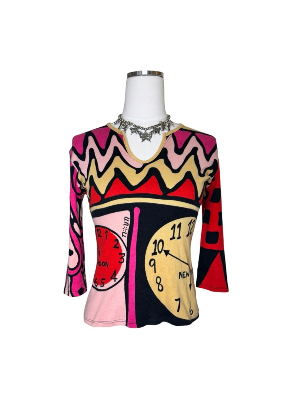 Y2K Noun Paris 3/4th Sleeve Red + Pink Clock Print Long Sleeve Top Size Medium